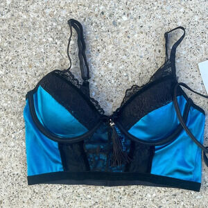iCollection Lux Satin Lace 2pc Lingerie Set Teal Blue Black Small 7736 NWT
